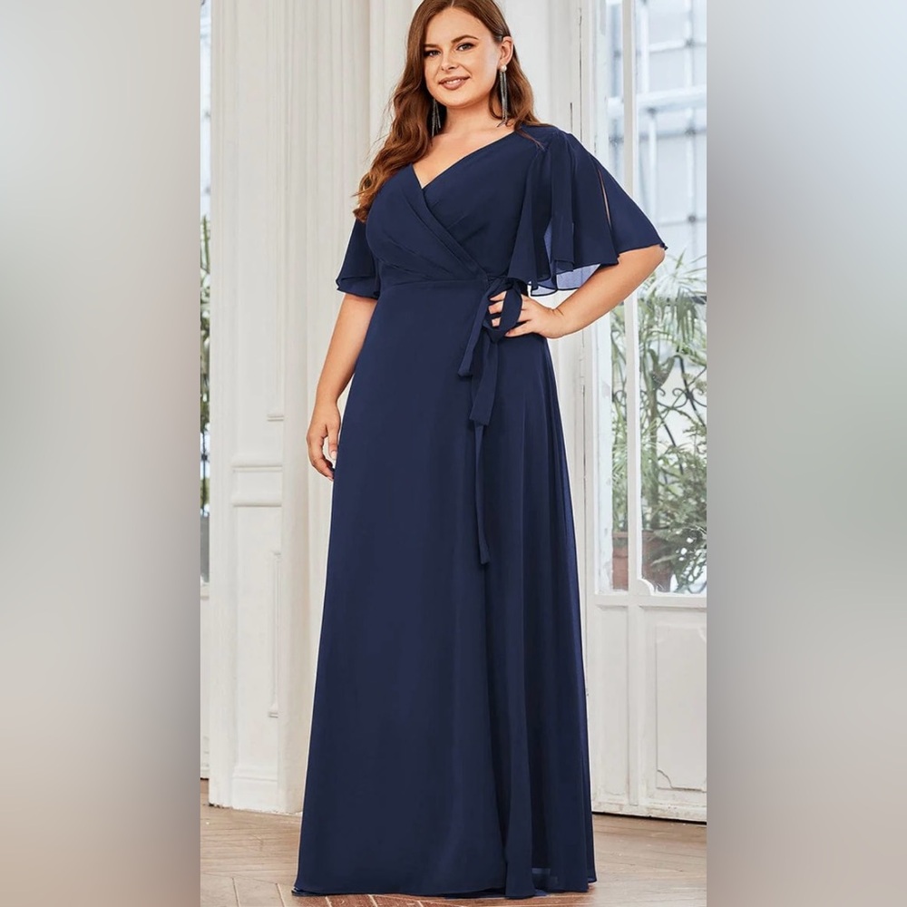 Tie Waist High Slit Flutter Sleeve Chiffon Evening Dress